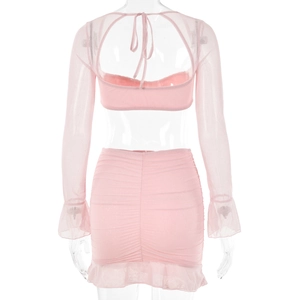 Rear view of pink two-piece set featuring square neck mesh top with back lace-up details