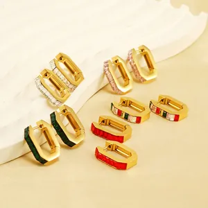 Geometric Rectangular Hoop Earrings 18K Gold Plated Stainless Steel Baguette Cut Zircon Modern Jewelry For Women