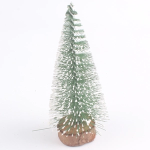 Miniature snow-flocked pine tree with wooden base for Christmas tabletop decoration
