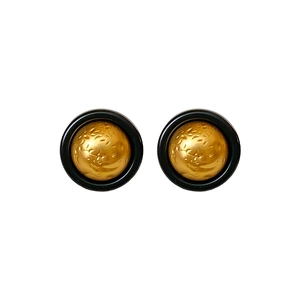 Minimalist round wrinkled earrings with gold relief texture and black enamel ring