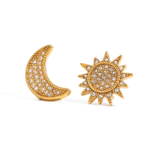 Classic 18K gold plated stainless steel sun and moon earrings with clear cubic zirconia