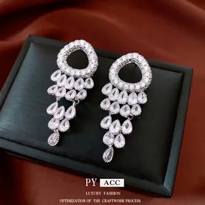 Luxury Zircon Tassel Dangle Earrings Water Drop Chandelier Copper Jewelry Accessories With Silver Earring Post