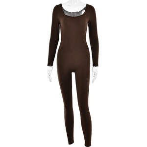 Detail of a dark brown long sleeve bodysuit with U-neck on a transparent mannequin