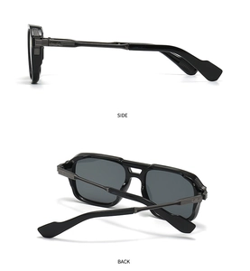 Detail view of double-bridge pilot sunglasses showing side and back textured metal frames