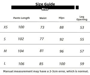 Detailed size chart for low waist straight sports trousers with length and waist measurements
