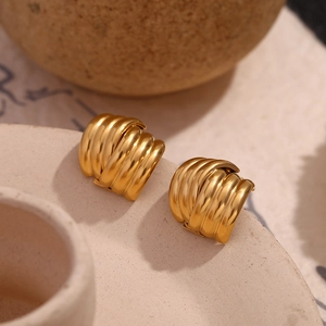 Three-layer vertical striped 18K gold plated stainless steel stud earrings in modern design