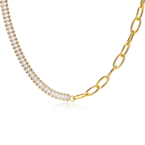 Gold titanium steel toggle necklace with cubic zirconia paperclip chain and white stones