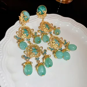 Boucles D'oreilles À Clip Longues Branche Fleurie Évidée Baroque Rétro Style Palais Résine Marbre Strass Pour Femmes