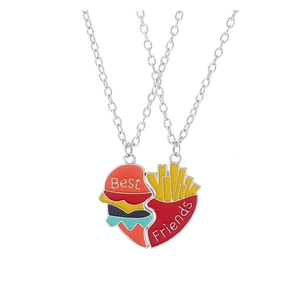 Rainbow hamburger and fries heart split pendant Best Friends necklace set in metal alloy