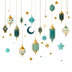 Vintage Middle Eastern blue chandelier wall decals with gold stars and moon for decor