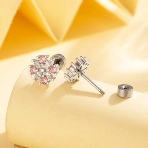 Daisy flower earrings with pink and white cubic zirconia on a screw back stud