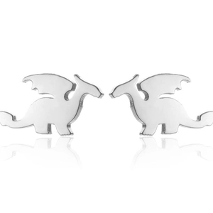 Pair of polished silver stainless steel flying dragon stud earrings for women