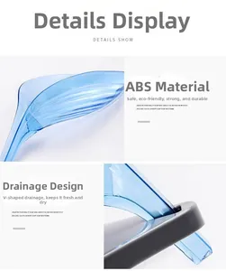 Detail of blue leaf-shaped soap box with V-shaped drainage and gray suction base