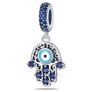 Detailed close-up of silver Hamsa Hand charm with blue crystals and Evil Eye motif