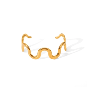 18K gold plated stainless steel open bangle with unique geometric wave design on white background