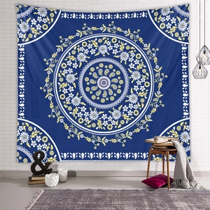 Deep blue mandala wall tapestry with white floral patterns for bohemian room decor