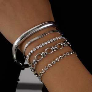 Set di cinque bracciali in acciaio inossidabile argento con stili serpente, tennis e maglie