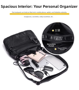 Macro view of washed leather shoulder bag with large capacity and multi-layer structure
