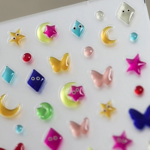 3D cartoon jelly nail art stickers featuring colorful stars moons and butterfly shapes
