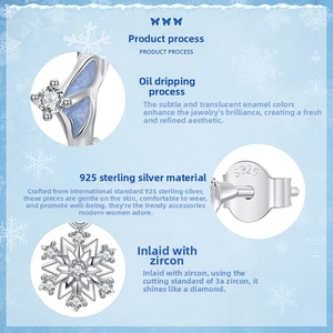Detailed macro view showing the S925 silver hallmark and light blue enamel petals on snowflake studs