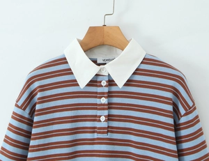 Detail of blue and brown striped knit Polo shirt with white collar and button closure
