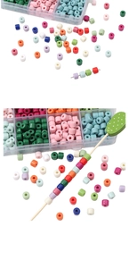 Macro view of colorful cylindrical acrylic beads in a transparent storage box