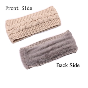 Winter knitted headband with plush lining showing front knit and back thermal fleece layer