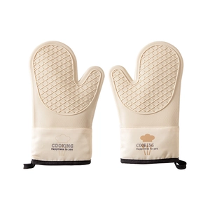 Beige heat resistant silicone oven mitts with non-slip texture for safe kitchen baking