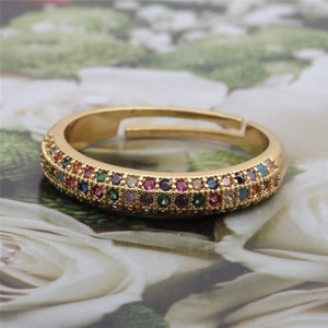 Adjustable gold plated open ring featuring multi-color micro-pave cubic zirconia stones