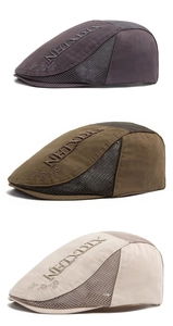 Three men's mesh berets in grey-purple, olive green, and beige with letter embroidery
