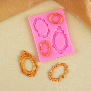 Pink 3D silicone cake mold for vintage picture frame lace with golden embossed samples