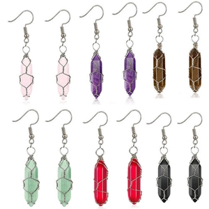 Set of 6 wire-wrapped hexagonal crystal pillar hook earrings in various gemstone colors