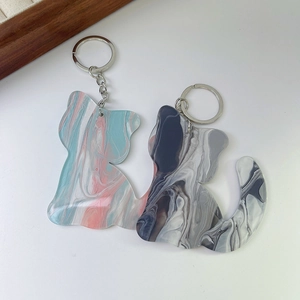Cat shape acrylic keychains with blue pink and grey marble patterns for handbag accessories