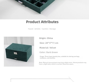 Detailed size parameters of 24x17x11cm dark green velvet three-tier jewelry storage box