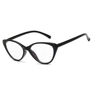 Classic black cat-eye glasses with metal hinges and blue light blocking clear lenses