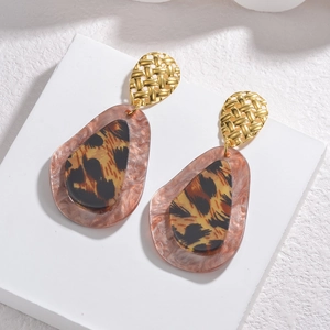 Exaggerated geometric leopard print teardrop earrings with golden woven metal buckles