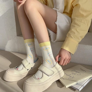 Japanese style cream Mary Jane platform shoes paired with cute cartoon bear crew socks