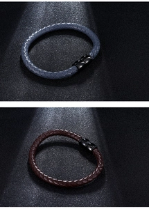 Detail of woven leather men's bracelets with black magnetic clasps in navy and dark brown
