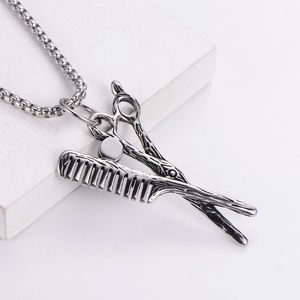 Vintage stainless steel barber necklace with scissor and comb pendant and blue crystal