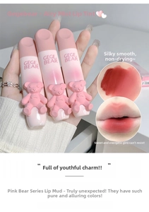Close-up of matte velvet lip mud texture and three pink bear lip glazes set