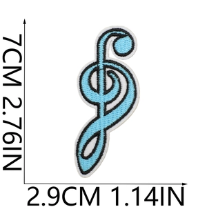 Detailed view of light blue musical note embroidery patch with precise size measurements