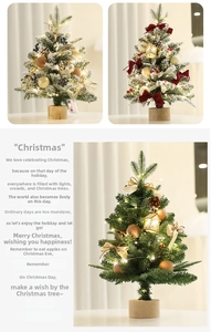 Detail of mini flocked Christmas trees with LED lights, pinecones, and wooden bases