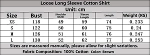 Detailed size chart and fabric specifications for cotton poplin long sleeve scarf shirt