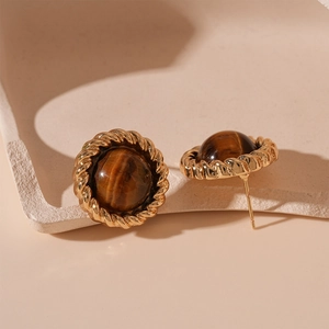 Boucles d'oreilles rondes rétro en oeil de tigre avec design en corde dorée