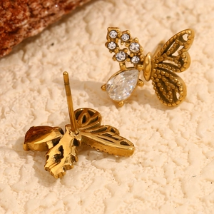 Exquisite 18K gold-plated stainless steel butterfly stud earrings with zircon stones