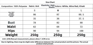 Size chart for three-color knitted ruched mini dress with detailed measurements