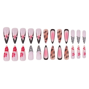 Pink French press-on nails with leopard and floral prints, long almond shape, 24 pieces