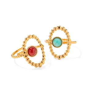 Vintage luxury gold plated adjustable rings with red and turquoise stones and beaded texture