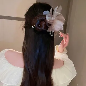 Pic À Cheveux Fleur Élégant Tissu Organza Avec Künstliche Perle Artificielle Long Gland Épingle À Cheveux En U Style Chinois