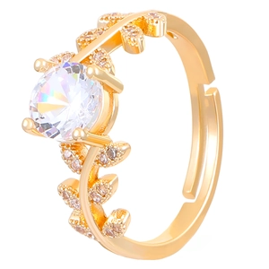 Elegant adjustable laurel branch ring with a round moissanite stone in gold finish